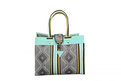 Moyen sac Â« TAPIS Â» Turquoise, noir, jaune et blanc, en plastique recyclÃ© - Matou DÃ©co