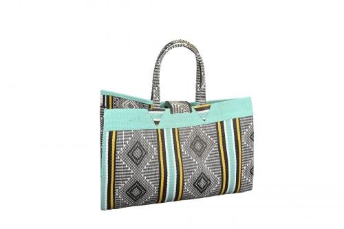 Grand sac Â« TAPIS Â» Turquoise, noir, jaune et blanc, en plastique recyclÃ© - Matou DÃ©co