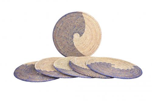 Lot de 6 sets de table Â« SOMONE Â» Bleu et blanc, en osier et plastique recyclÃ© - Matou DÃ©co