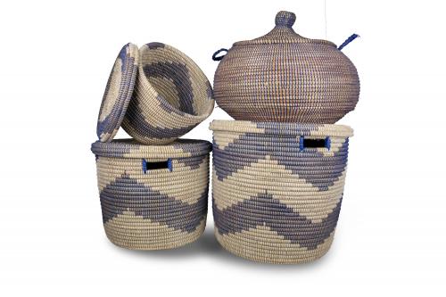 Panier moyen Â« PALMARIN Â» Bleu et blanc, en osier et plastique recyclÃ© - Matou DÃ©co