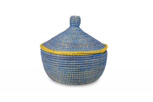 Panier « NGAPAROU » Bleu et jaune, en osier et plastique recyclé - Matou Déco