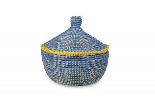 Panier Â« NGAPAROU Â» Bleu et jaune, en osier et plastique recyclÃ© - Matou DÃ©co