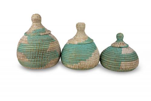 Lot de 3 tarres Â« NGAPAROU Â» Vert et beige, en osier et plastique recyclÃ© - Matou DÃ©co