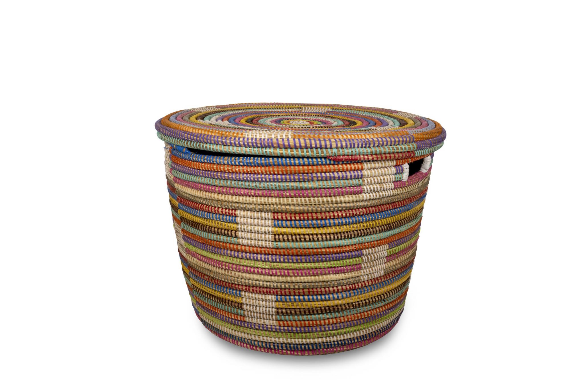 Grand panier « PALMARIN » avec poignées et couvercle, Multicolors, en osier et plastique recyclé - Matou Déco