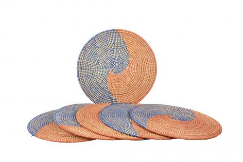 Lot de 6 sets de table « SOMONE » Orange et bleu, en osier et plastique recyclé - Matou Déco